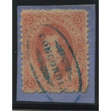 ARGENTINA 1864 GJ 19 RIVADAVIA ESTAMPILLA DE 1ra TIRADA CON MATASELLO CONCORDIA EN FRAGMENTO U$ 30 +